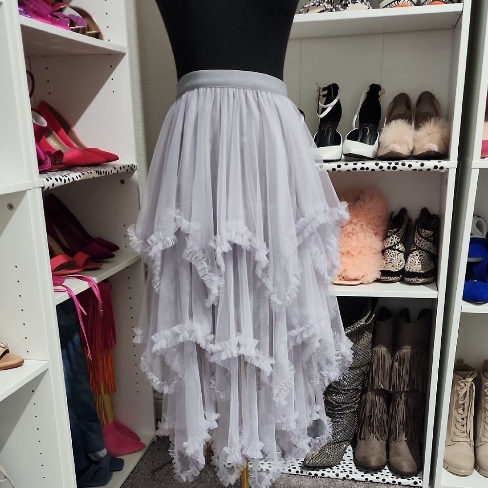 Gray Ruffled Tiered Midi Skirt